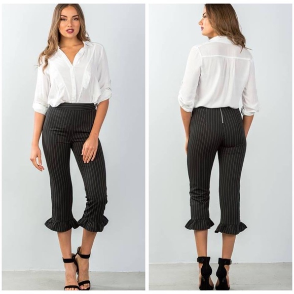PINSTRIPE HIGH WAIST RUFFLE CROP PANTS - Picture 3 of 6